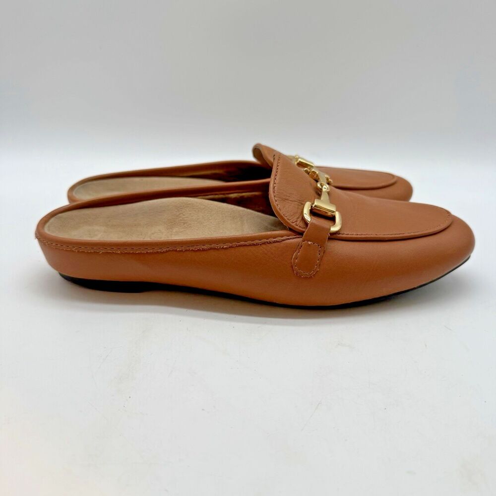 Vionic Tan Brown Leather Mule Loafers with Gold Hardware